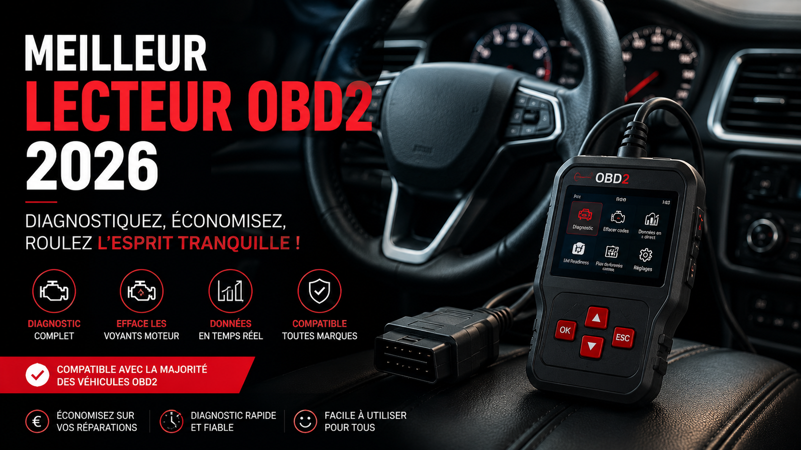 Lecteur OBD2 connecté à une voiture moderne pour diagnostic automobile 2026
