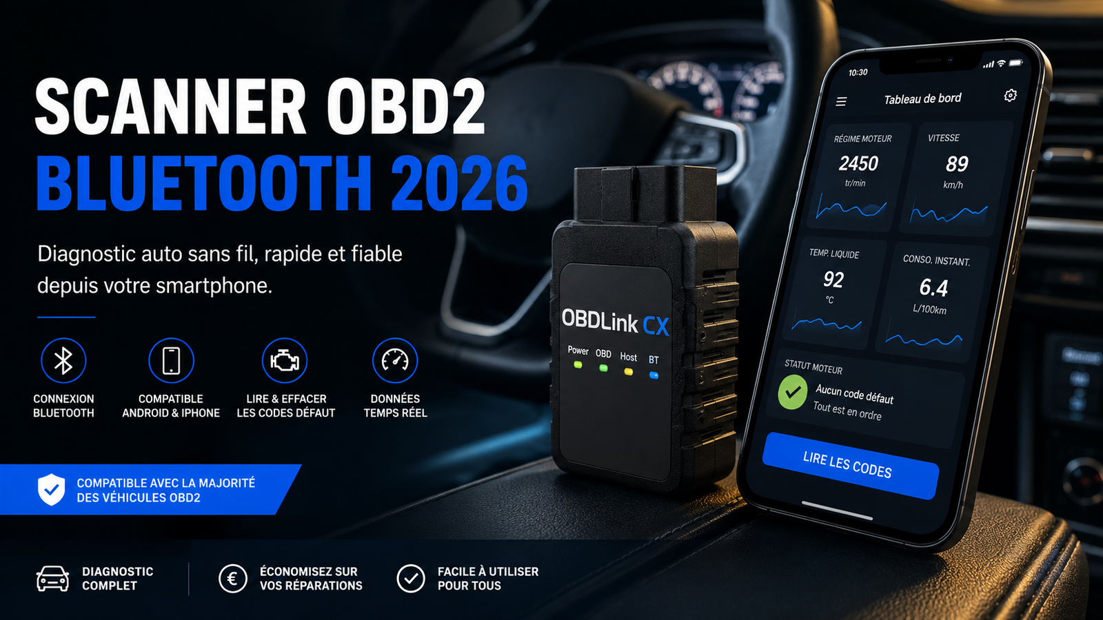 Scanner OBD2 Bluetooth connecté à un smartphone dans une voiture moderne pour diagnostic automobile sans fil 2026